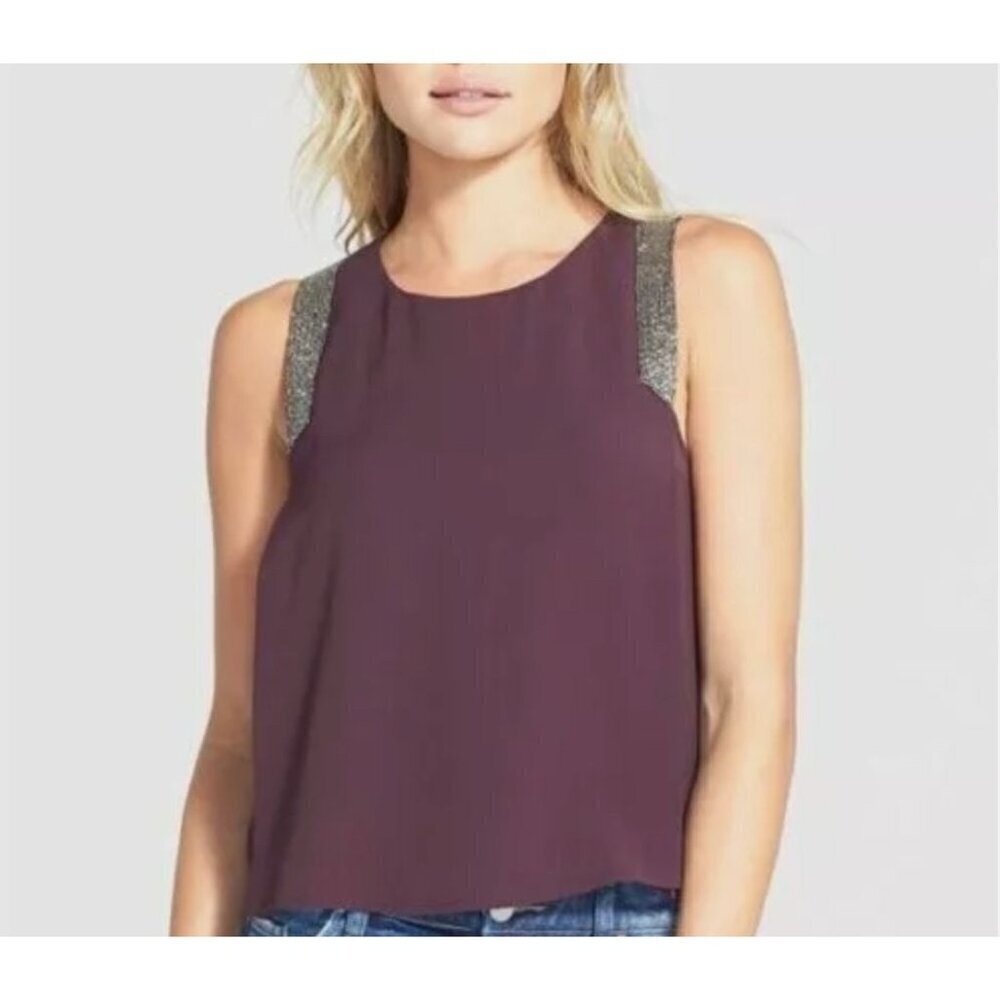 ASTR Burgundy Tank Blouse Silver Metallic Beading Size Medium Preowned
